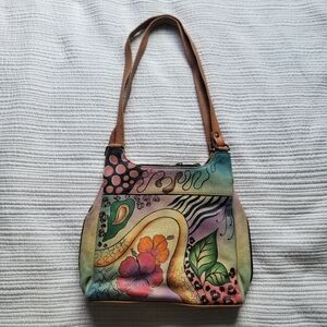 Anuschka Hand Painted Leather Shoulder Bag Multicolor Tropical Hibiscus Design